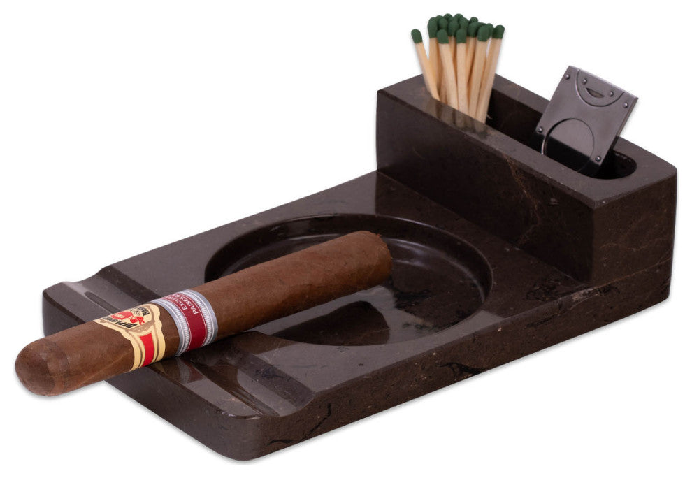 Genuine Marble Cigar Ashtray and Accessory Storage, Brown