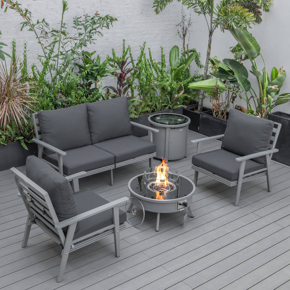 LeisureMod Walbrooke Grey Patio Sofa Set With Round Fire Pit Table, Charcoal