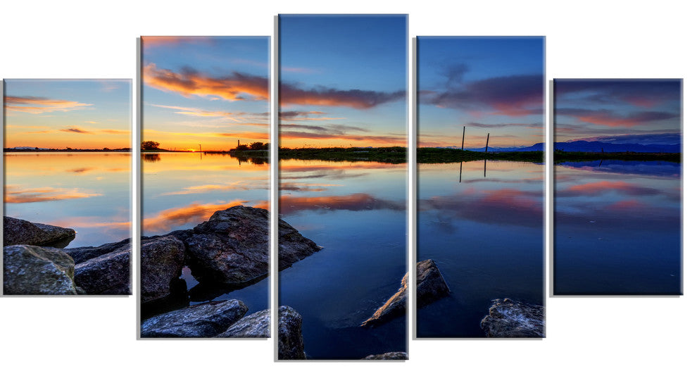 Beautiful Calm Water and Sunset, Blue, Landscape Canvas Art, 60"x32", 5 Panels