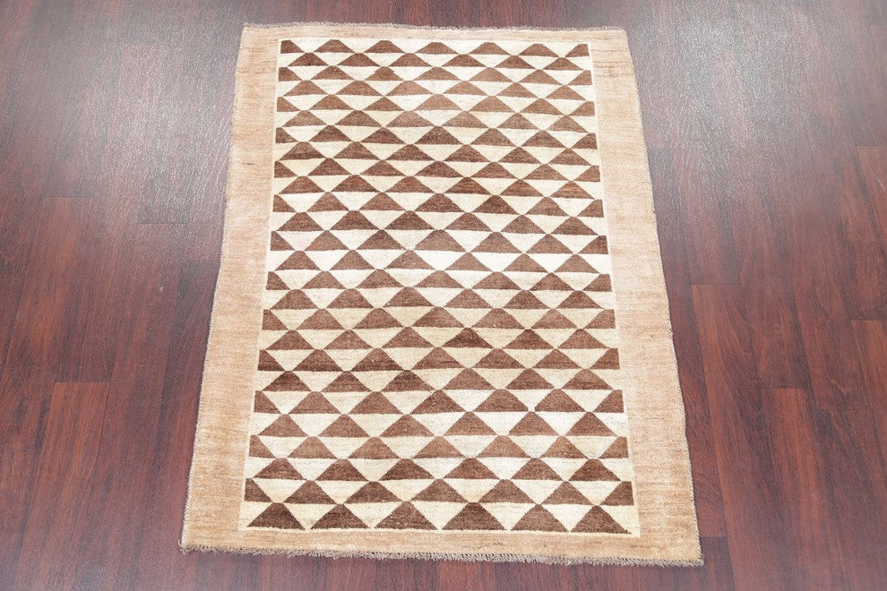 Consigned, Gabbeh Geometric Hand-Knotted Persian Oriental Rug, Brown, 4'9"X3'7"