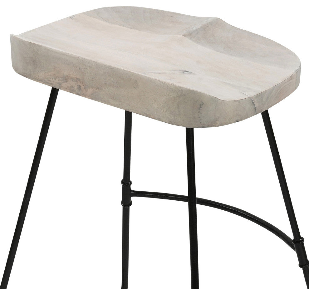 24" Backless Counter Stool Whitewashed Mango Wood Saddle Seat Black Metal