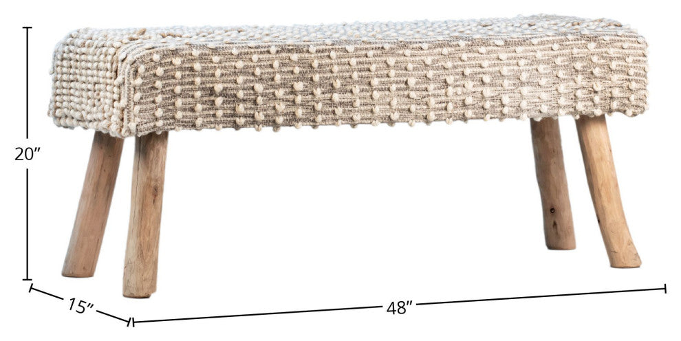 Marlie 48" Long Handwoven Natural Wool and Eucalyptus Wood Bench