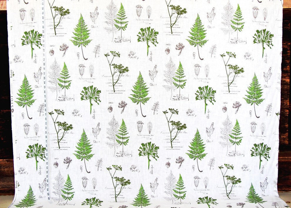 Green Fern Fabric Botanical Nature Toile Meadow Linen, Standard Cut