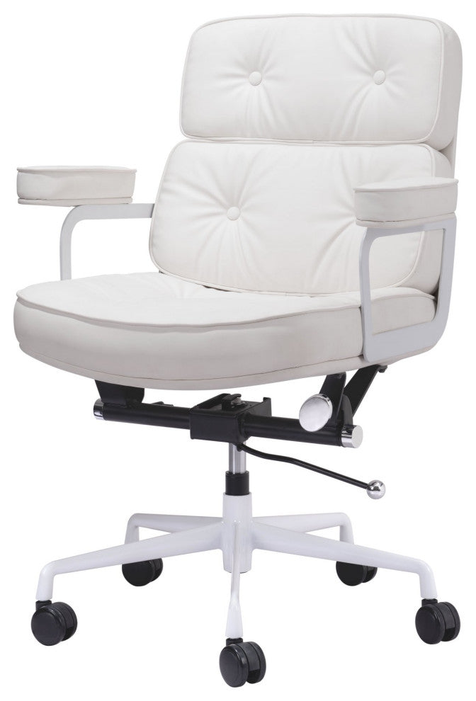 Computer Chair, Faux Vinyl Leather, Steel, White, Mid Century Business Office