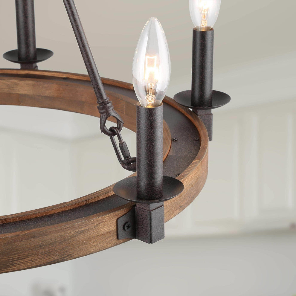 LNC 6-Light Farmhouse Distressed Wood Candle-Style Wagon Wheel Chandelier