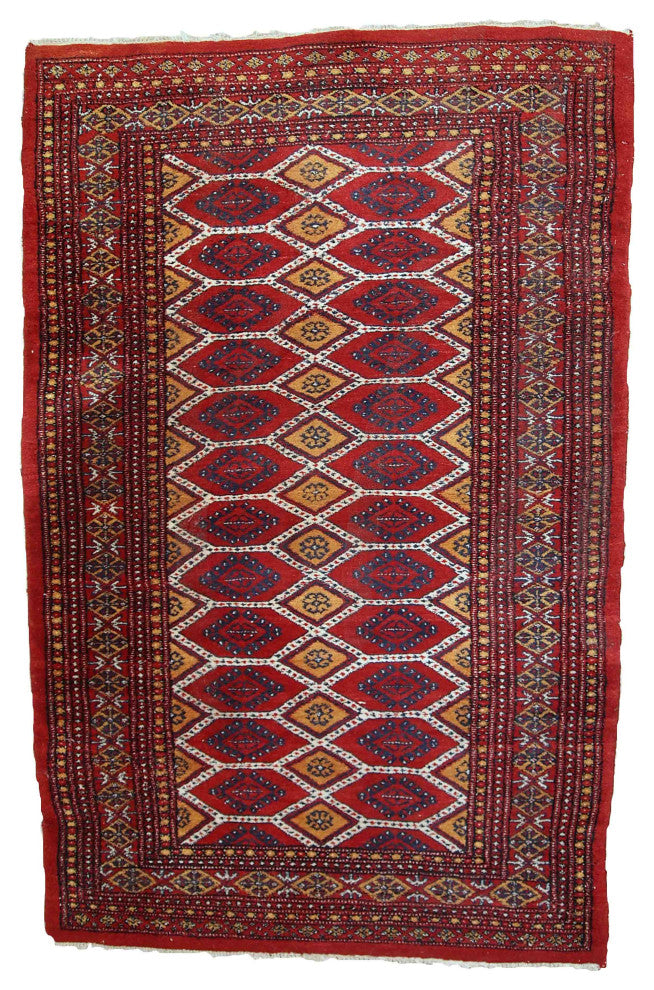 Handmade Vintage Uzbek Bukhara Rug, 3.3'x4.9', 100cmx152cm 1960s