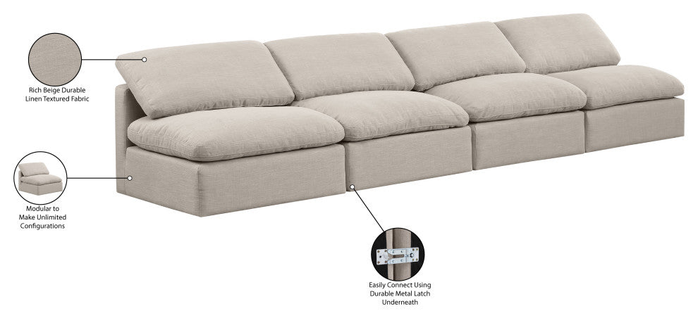 Indulge Upholstered Modular Sofa, Beige, 4-Piece: 4 Armless Chair, Down Stuffed Linen Textured Fabric