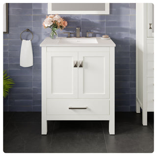 Eviva Aberdeen 30"W White Bath Vanity, White Carrara Quartz Countertop