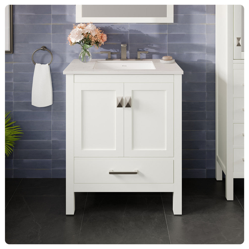 Eviva Aberdeen 30"W White Bath Vanity, White Carrara Quartz Countertop