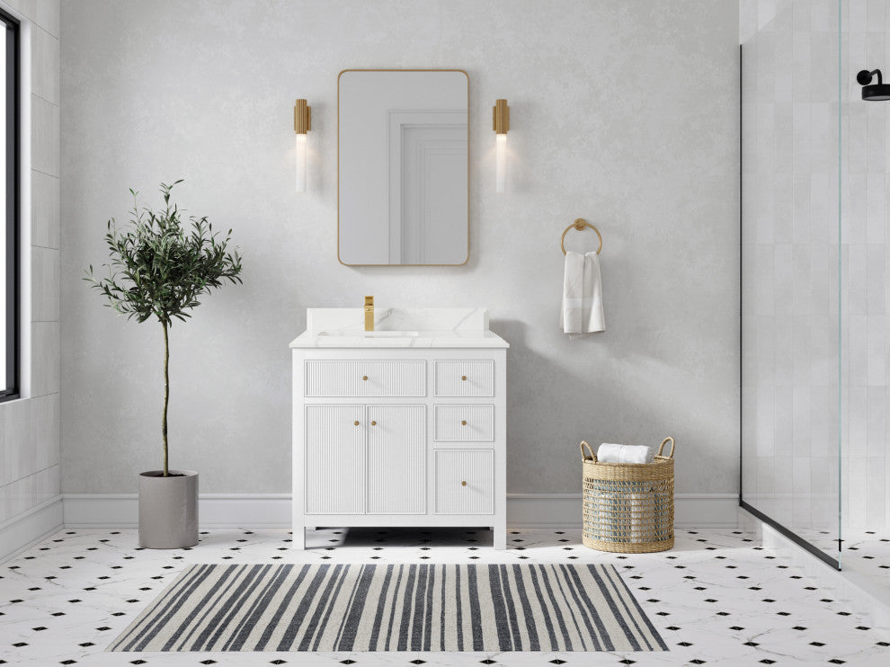 Sonoma 36 Left Offset Reeded Bath Vanity in White 1.5" Calacatta Laza
