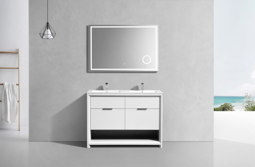 KubeBath Nudo 48'' Double Sink Floor Mount Modern Bathroom Vanity, Gloss White
