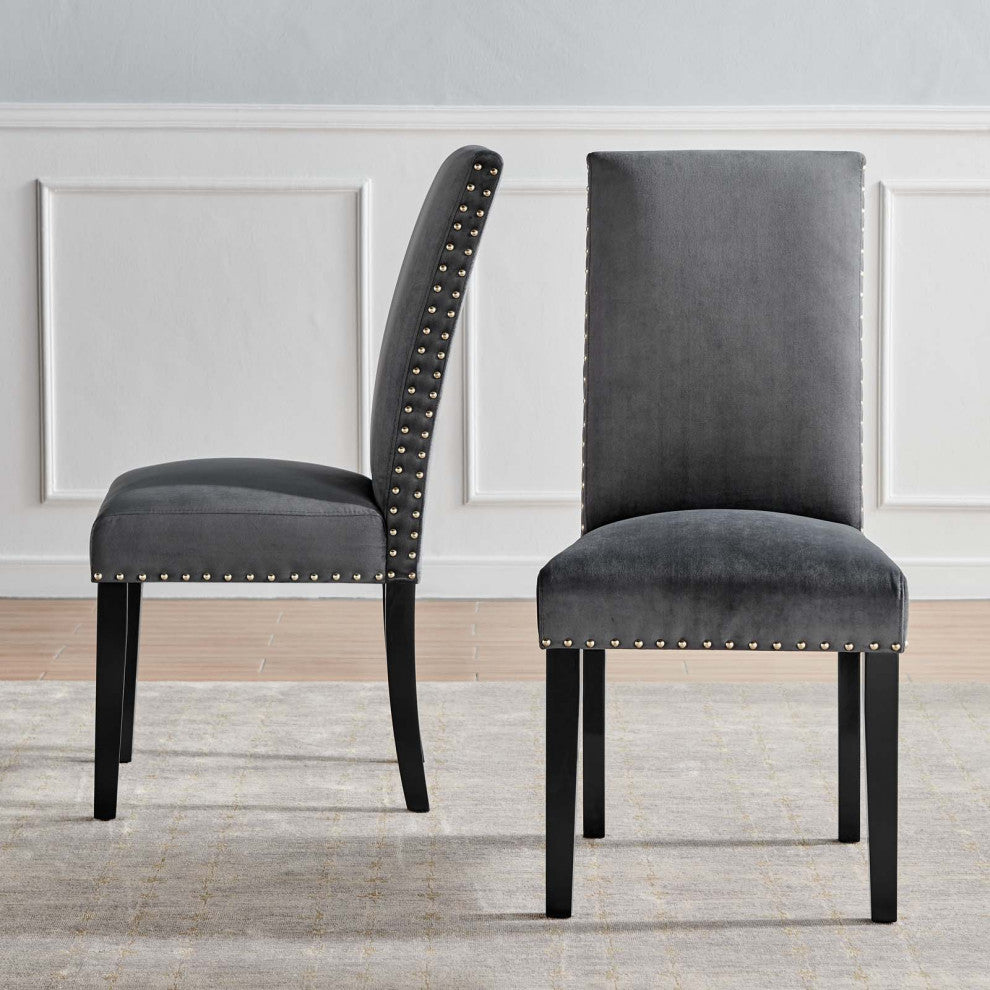 Side Dining Chair, Set of 2, Velvet, Wood, Dark Gray, Modern, Cafe Bistro