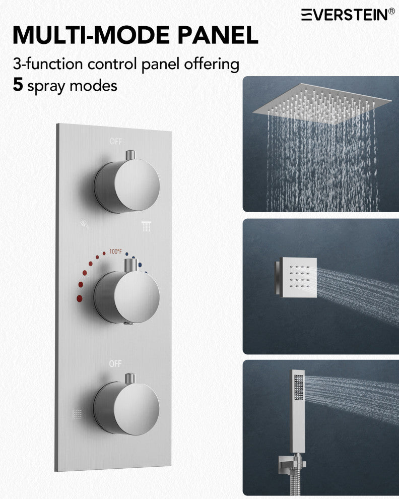 LED Thermostatic Shower System 12" Rain Shower Head with 6 Body Jets, Brushed Nickel