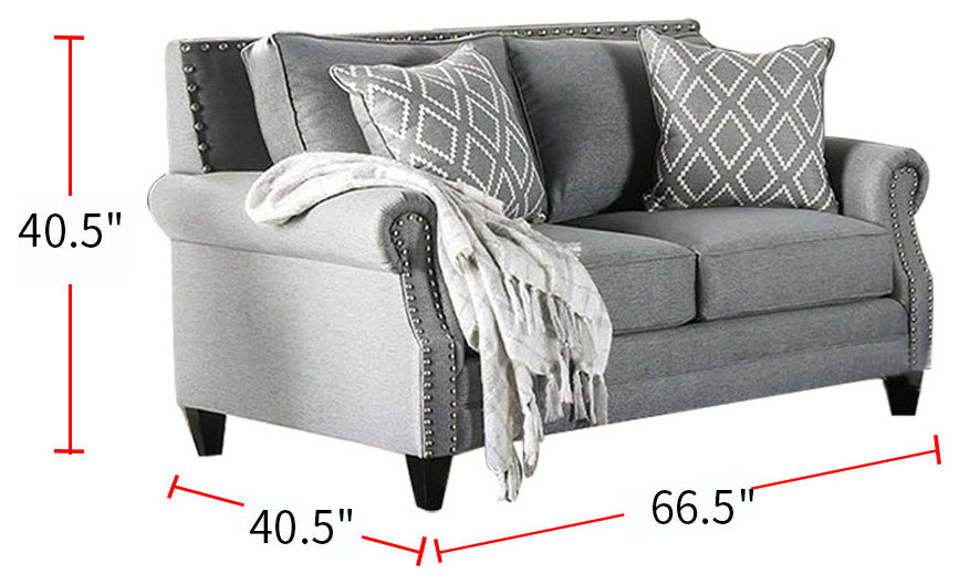 Linen-like Fabric Love Seat with Nailhead Trim Design, Gray