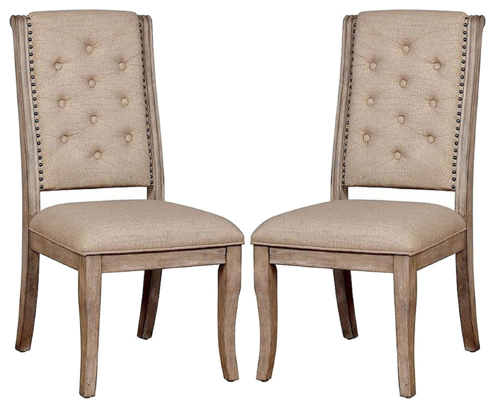 Set of 2 Dining Side Chair With Nailhead Trim, Rustic Natural Tone