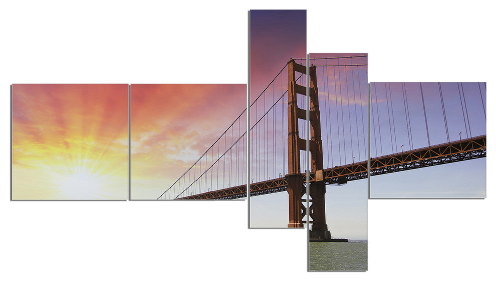 Gold Gate Bridge and Sky, Landscape Photo Canvas Art Print, 60"x32", 5 panels