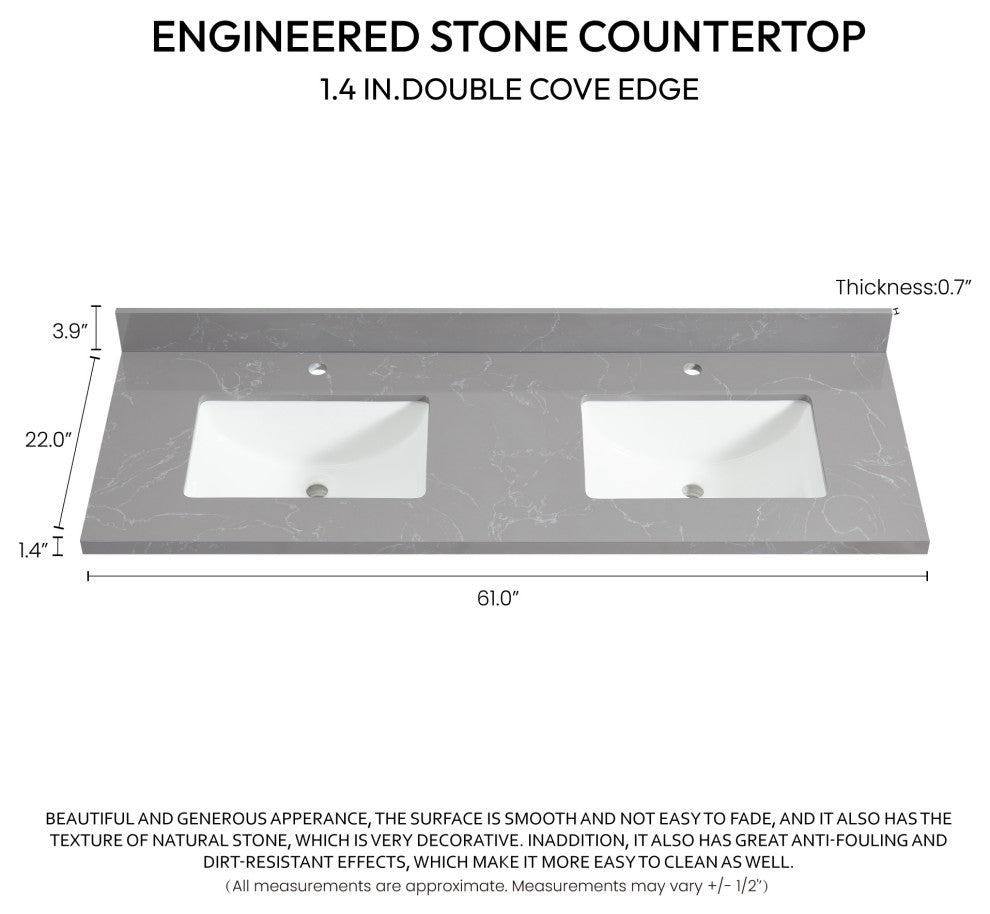 Malaga Composite Stone Vanity Top With Ceramic Sink, Reticulated Gray, 61"