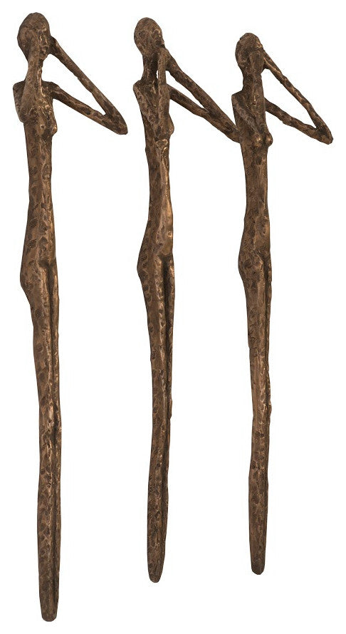 See, Speak, Hear No Evil Wall Art, Resin, 3-Piece Set, Brown