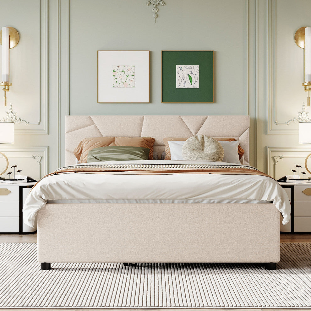 Gewnee Queen Size Upholstered Platform Bed in Beige