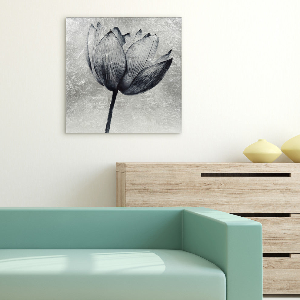 "Lotus" Reverse Printed on Tempered Glass With Silver Leaf Wall Art