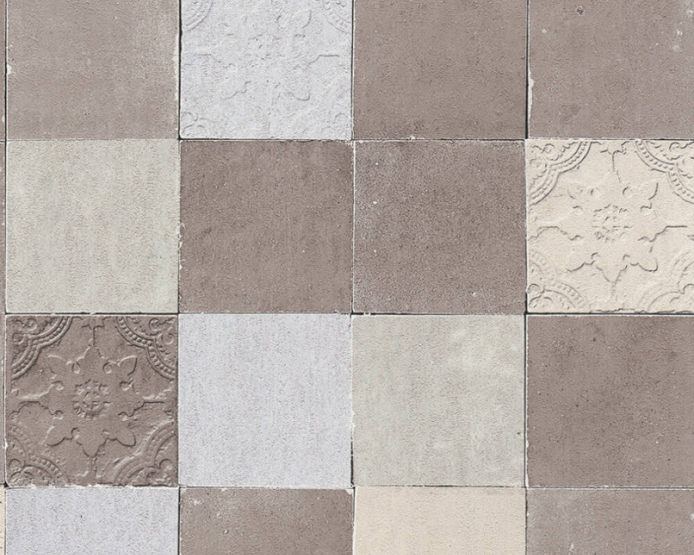Sample, Tile Textured Wallpaper Featuring Floral And Plain Pattern, 374063