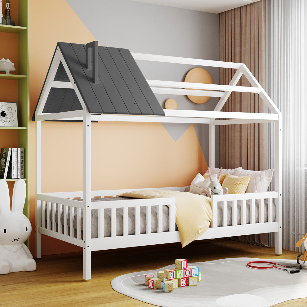 Gewnee Wood Twin Size House Bed with Fence and Roof,Gray/White