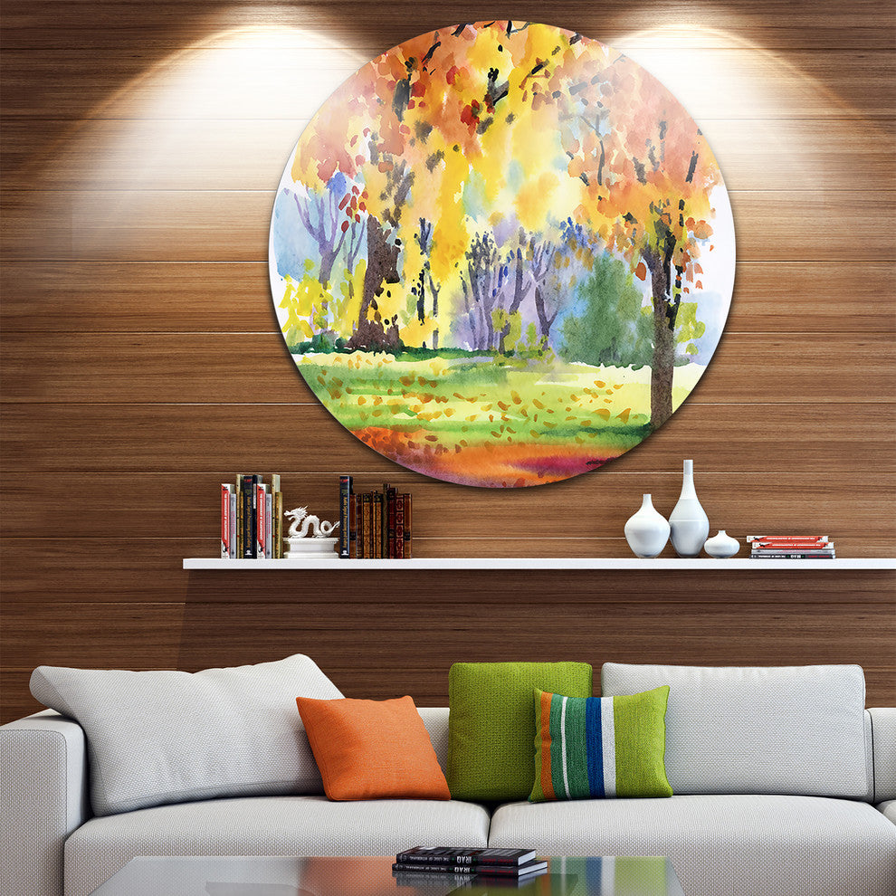 Autumn Park Yellow Trees Watercolor, Landscape Round Metal Artwork, 11"