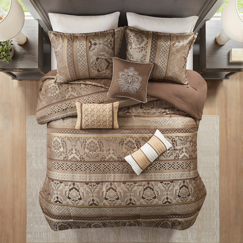 Madison Park Bellagio Classic Botanical 7-Piece Comforter Set, Gold/Brown, Cal K