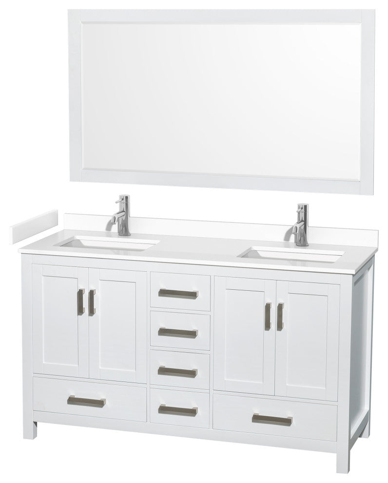 60"DBL Bathroom Vanity White, White Cult. Marble Countertop, Sinks, 58" Mirror