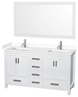 60"DBL Bathroom Vanity White, White Cult. Marble Countertop, Sinks, 58" Mirror