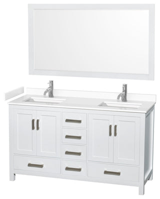 60"DBL Bathroom Vanity White, White Cult. Marble Countertop, Sinks, 58" Mirror