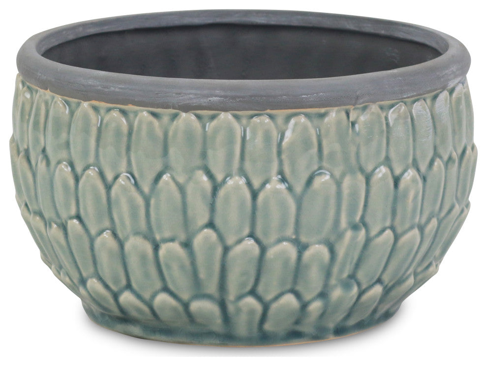 Round Blue Ceramic Pot, Overlapping Leaf Pattern, 8"
