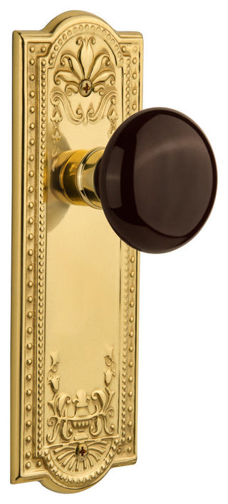 Meadows Plate Passage Brown Porcelain Knob, Unlacquered Brass