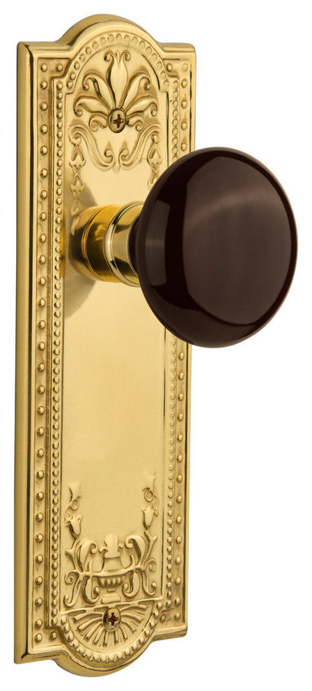 Meadows Plate Passage Brown Porcelain Knob, Unlacquered Brass