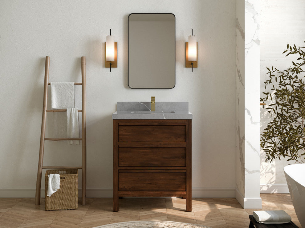 Elizabeth 30 Single Sink Bath Vanity in Dark Walnut Teak 2" Piatra Gray