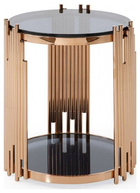Stylish Round Rose Gold And Smoked Glass End Table