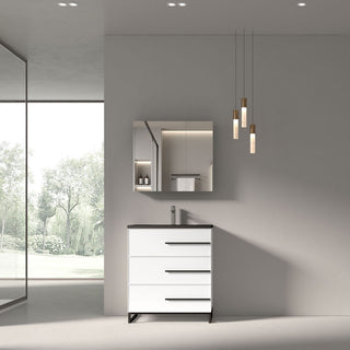 Freestanding White Vanity with Matte Black Sand Sink Top, 30"