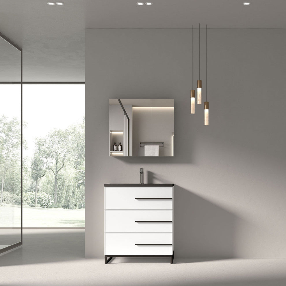 Freestanding White Vanity with Matte Black Sand Sink Top, 30"