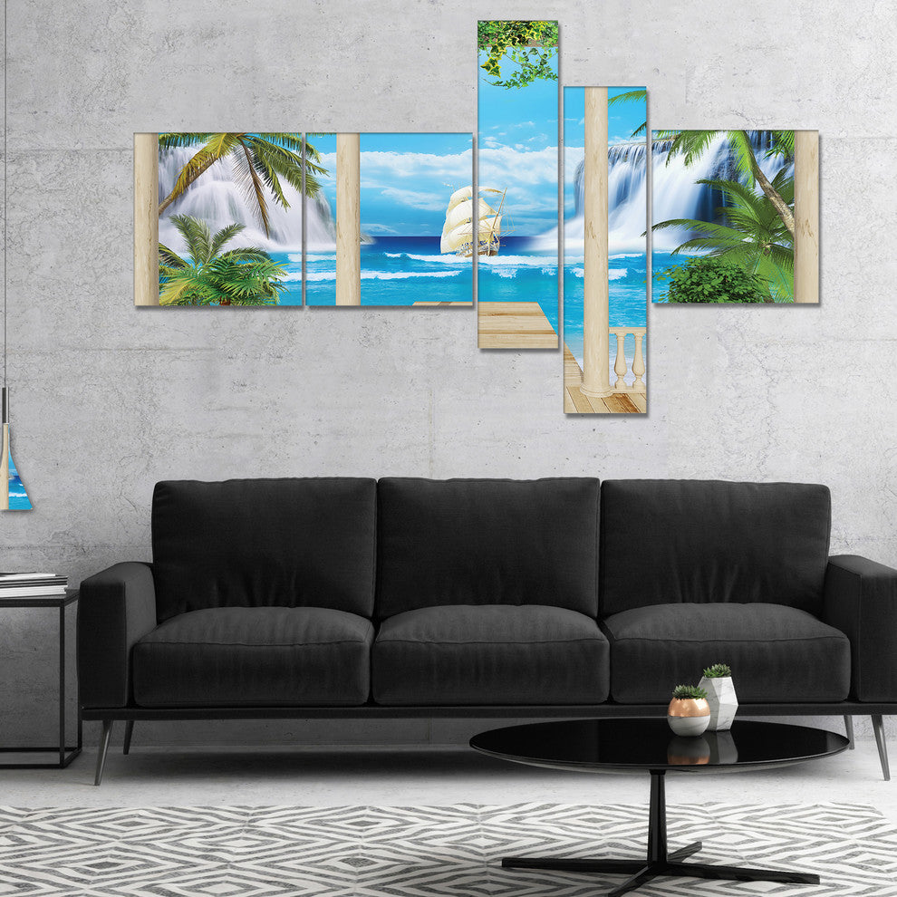 Wooden Terrace with Sea View, Landscape Photo Canvas Print, 60"x32", 5 panels