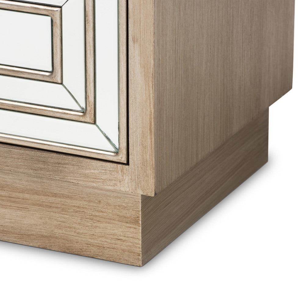 Transitional Natural Brown Finished Wood 2-Drawer Nightstand With Mirrored Glass