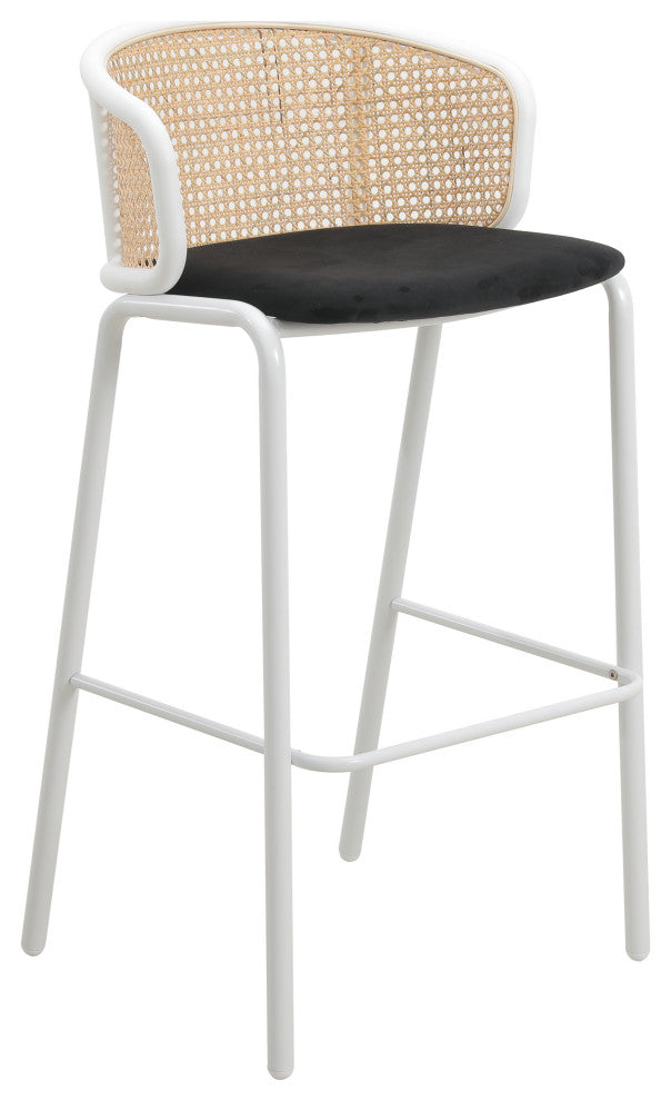 LeisureMod Ervilla Wicker Bar Stool With White Powder Coated Steel Frame, Black