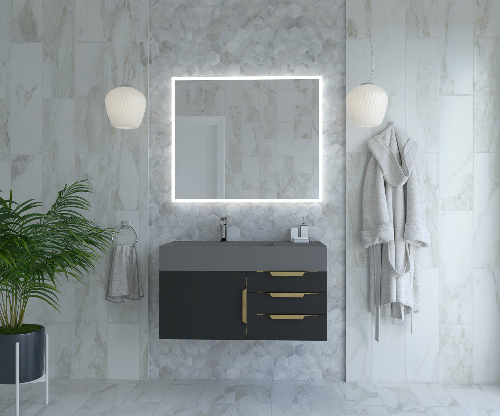 CastelloUSA Amazon 36" Wall Mount Vanity Set, Black, Gray Top, Gold Handles