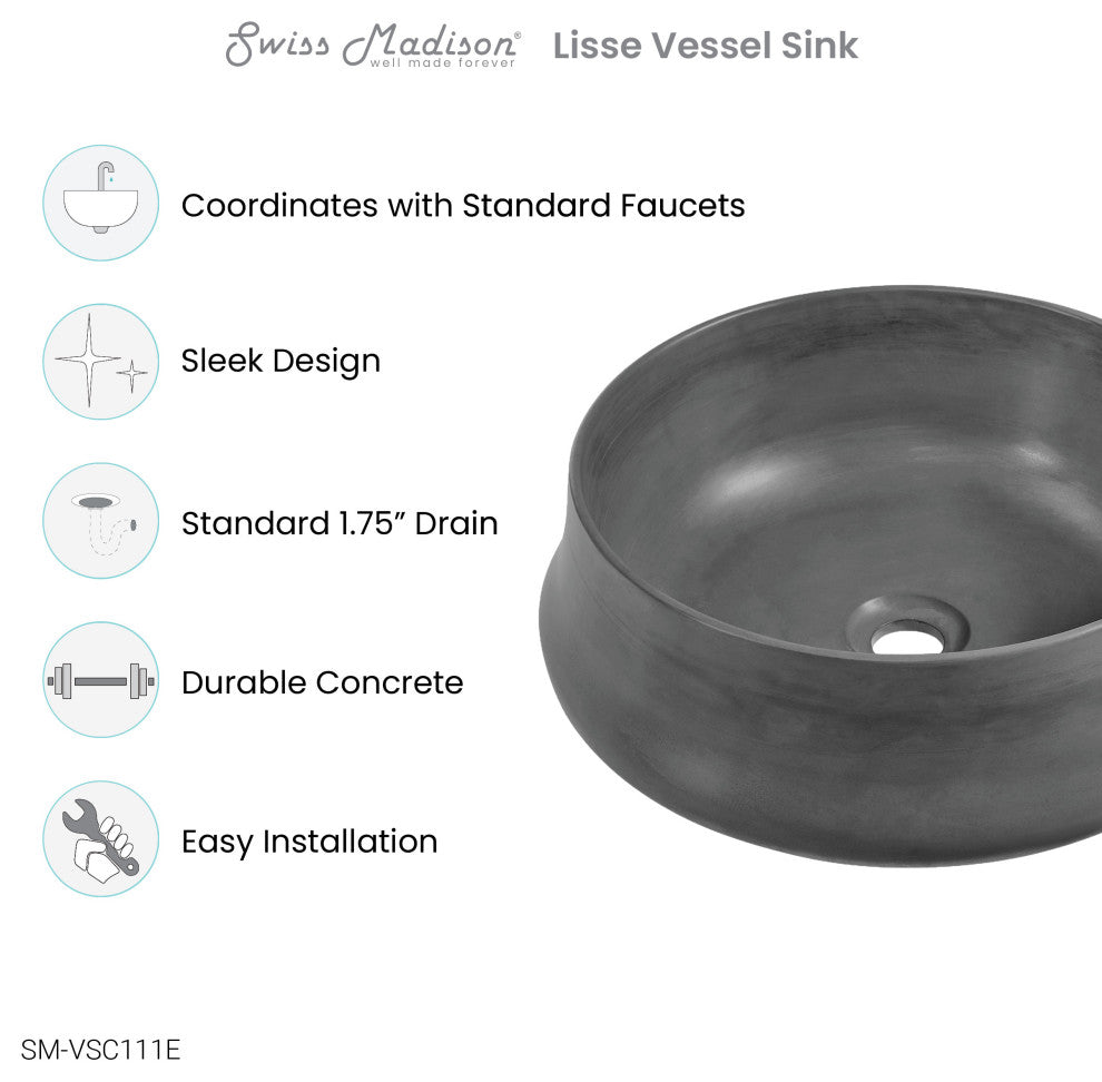 Lisse 17.5" Round Concrete Vessel Bathroom Sink, Dark Gray