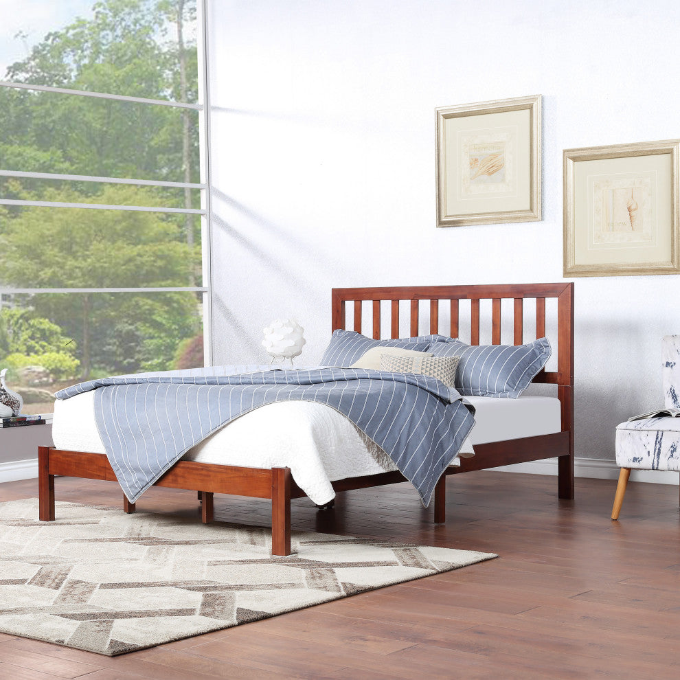 Braxton Modern Farmhouse Acacia Wood Queen Bed Platform, Dark Oak