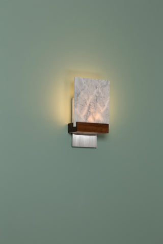 Fortis LED Wall Sconce, Dark Stained Walnut, Oiled Bronze, Carrara Marble