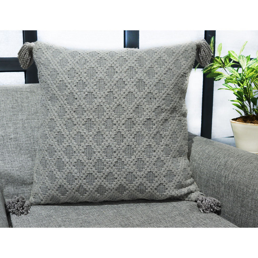 Grey Machine Woven with Tassels Hughes Throw Pillow, 20" x 20"
