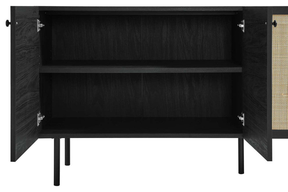 Cane Sideboard, Wood Rattan Buffet Table, BoHo Shabby Chic Credenza, Black