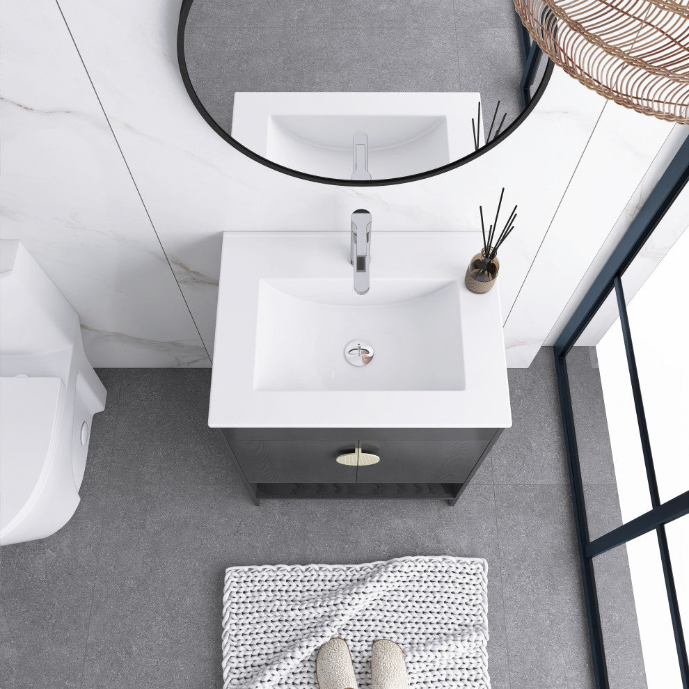 Plywood Freestanding Bath Vanity Set, Integrated Ceramic Sink, Black, 24" X 18"