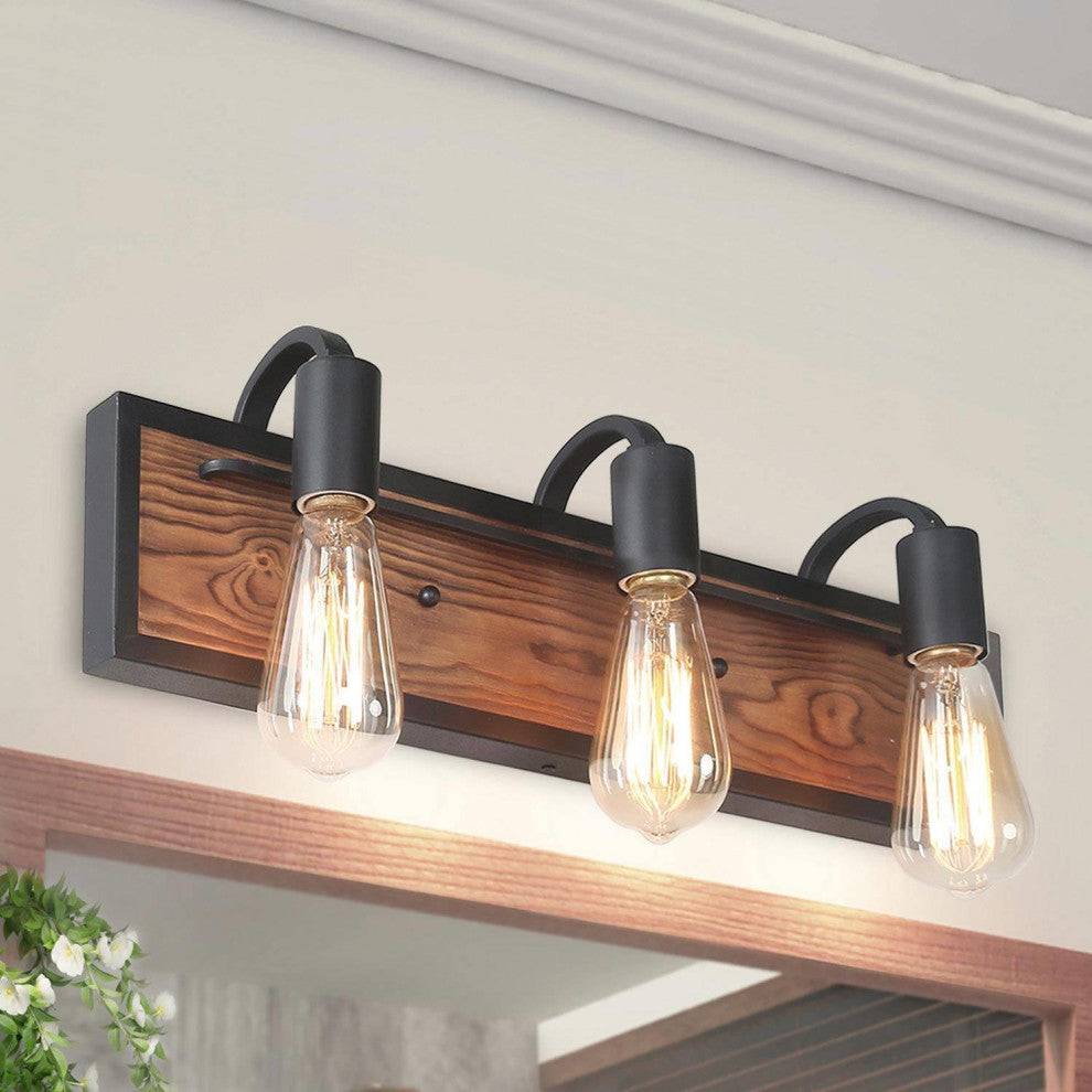 LALUZ 3-Light 21.3-in Wood Brown and Black Farmhouse Vanity Light Bar