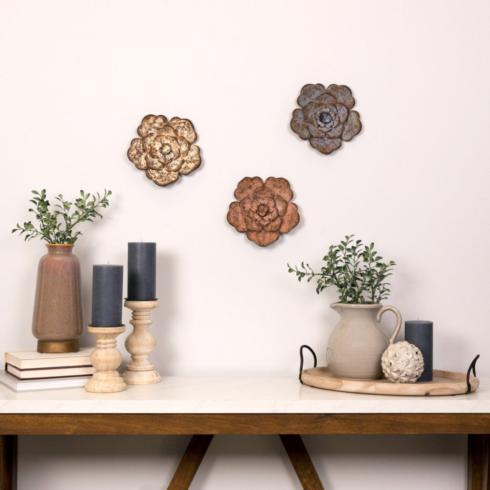 Set of Three Distressed Metal Flower Wall Decor